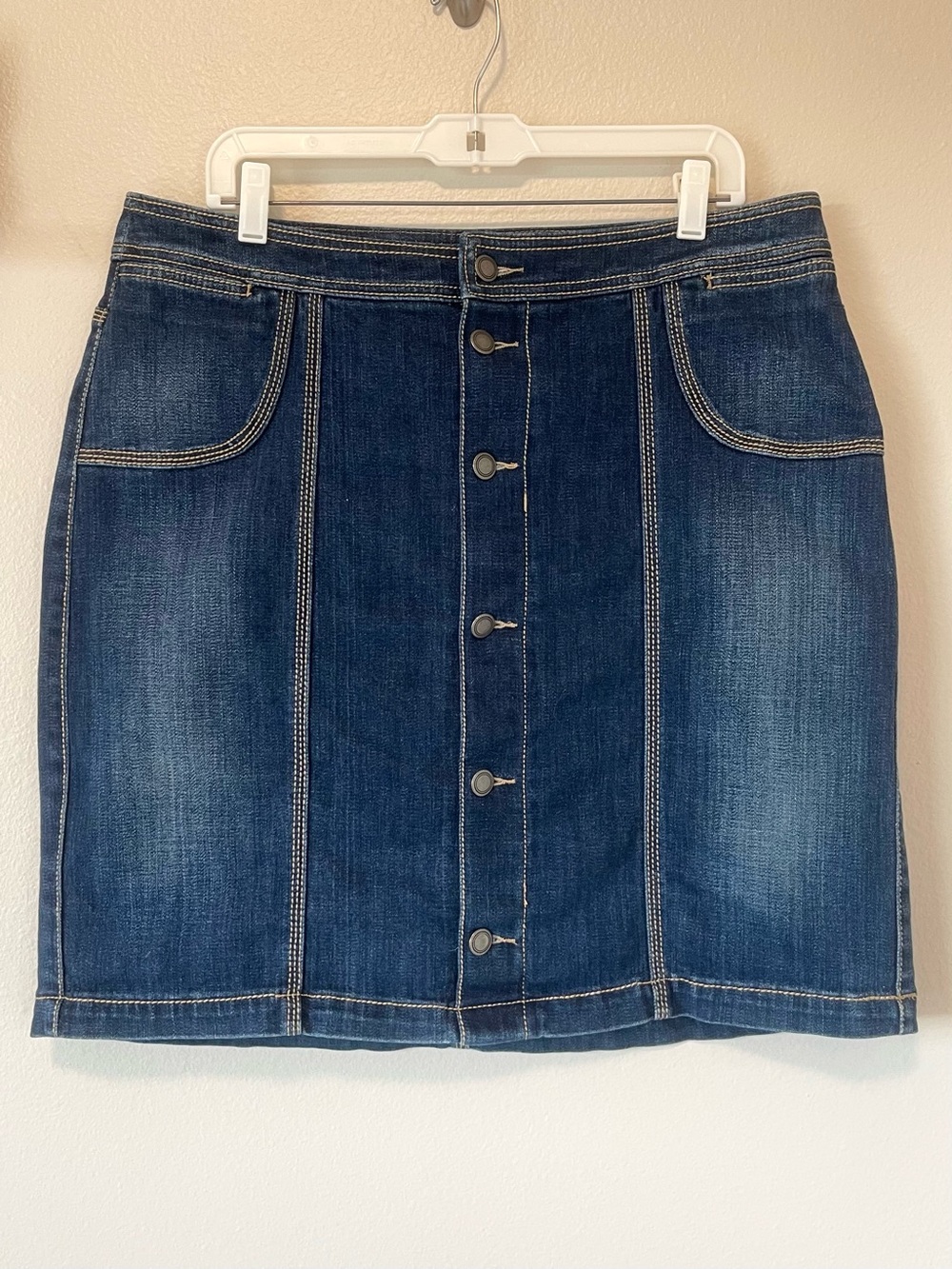 CJ Banks Button Front Jean Skirt - Fully Lined Midi Stretch Denim - Size 14W